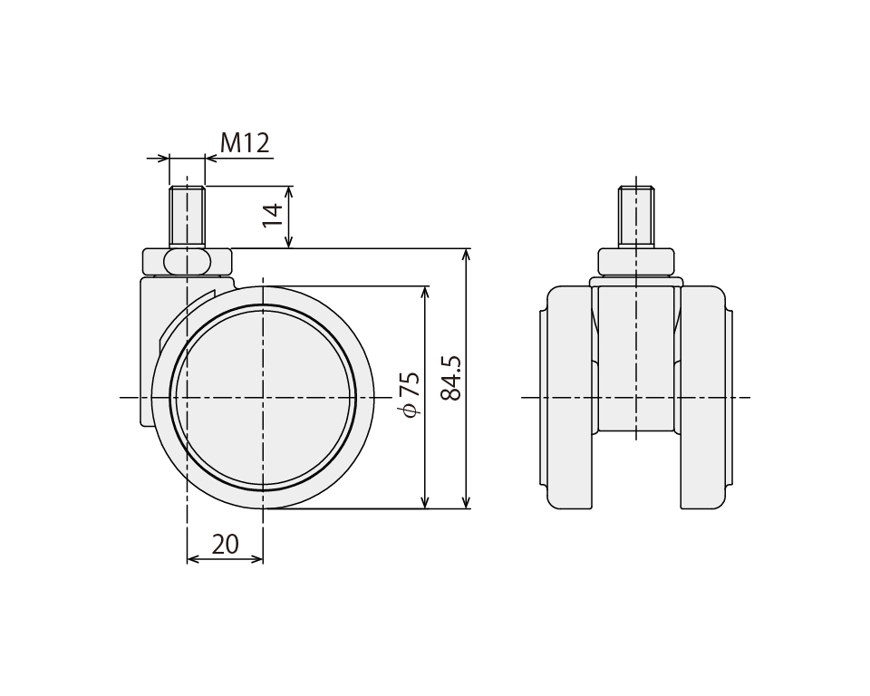 GFun双輪キャスター M12φ75  エラストマー